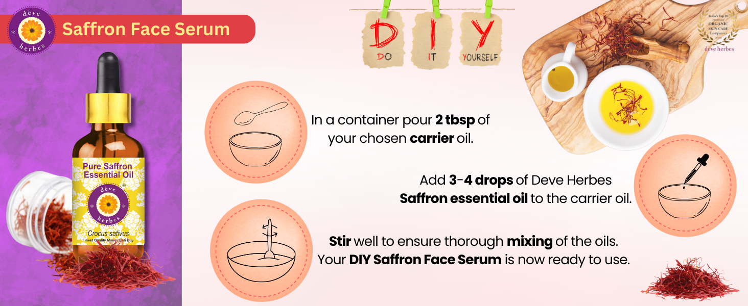 Deve Herbes Saffron Essential Oil (Crocus sativus) Pure | Non-Sticky | Non-greasy | Lightweight | Men & Women | All Skin Types | Steam Distilled 5ml