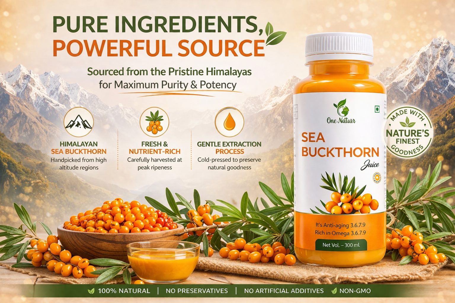 One Naturr - Sea Buckthorn Juice, Himalayan Berry Juice - 300ml, Anti-aging, Rich in Omega 3 6 7 9, Orange, Liquid Form, Gluten Free (3, 900 ml)