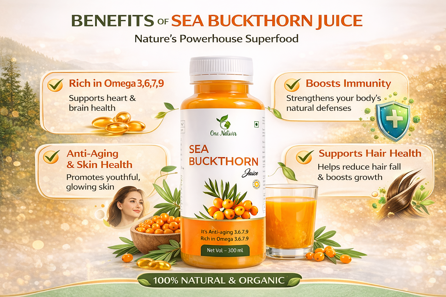 One Naturr - Sea Buckthorn Juice, Himalayan Berry Juice - 300ml, Anti-aging, Rich in Omega 3 6 7 9, Orange, Liquid Form, Gluten Free (3, 900 ml)