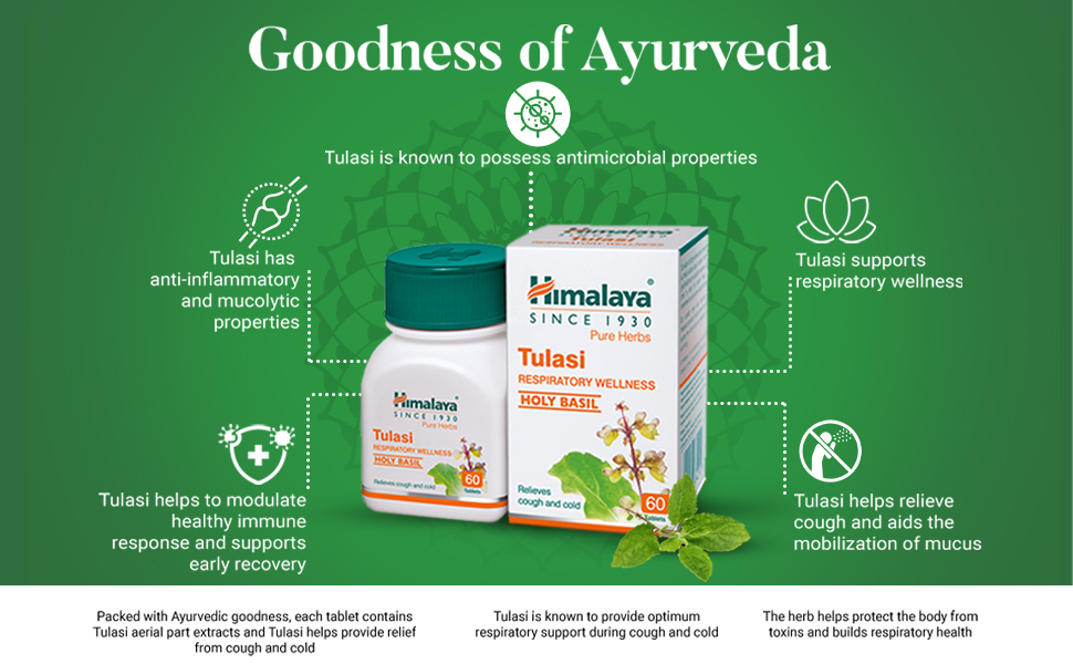 Himalaya Wellness Pure Herbs Tulasi Respiratory Wellness | Holy Basil |Relieves cough and cold| -Pack of 60 Tablets
