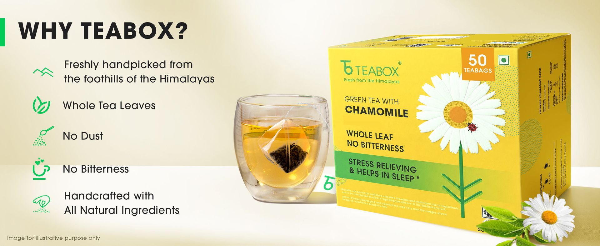 Teabox Chamomile Green Tea 25 Tea Bags | With Egyptian Chamomile Flowers & Whole Leaf Green Tea | Calming Blend for Relaxation & Sleep | Low Caffeine, Fresh & Aromatic (Pack of 2)