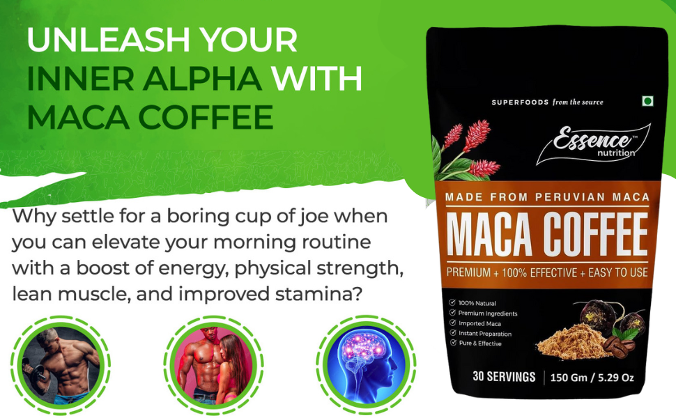 Essence Nutrition Maca Coffee For Men in Sexual Health - (150Gm) - Imported Maca Coffee with Tongkat Ali & Ginseng - Lab Tested Pure Organic Maca Root Powder Coffee with Black Maca Root