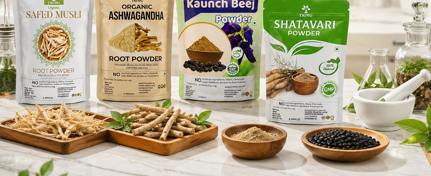 Safed Musli, Ashwagandha, Kaunch, Shatavari Powder Combo - Herbal Supplement - 4 Items (100gm(eachPack))
