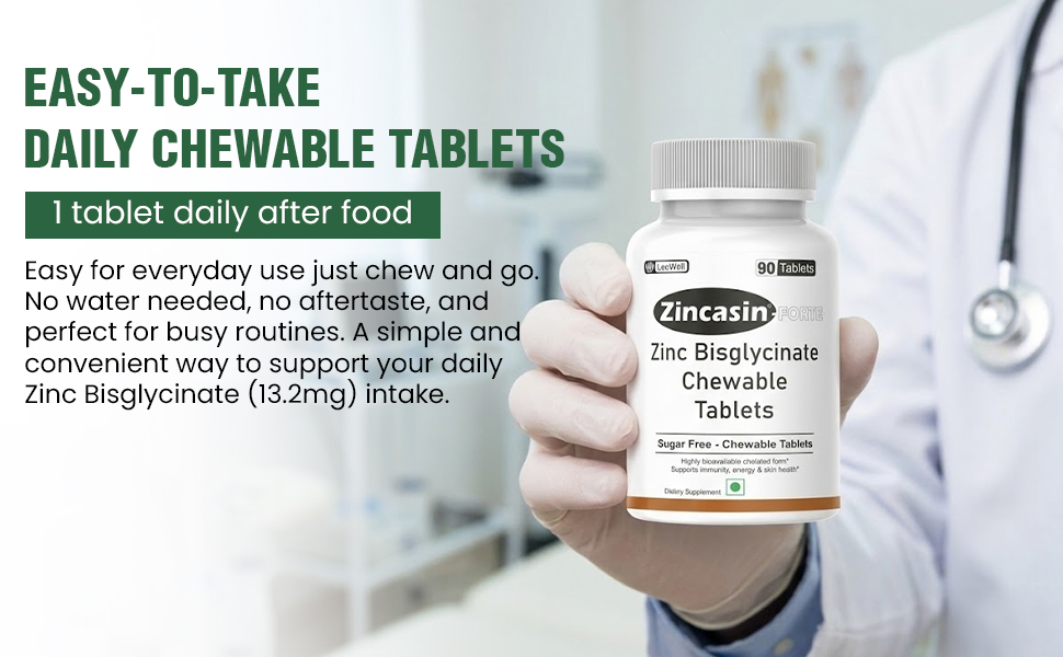 Zincasin Forte (LeeWell) Chewable Zinc Bisglycinate Candy-type tablets | High Absorption Chelated Zinc Supplements for Immune Support, Skin, Hair & Nails, Antioxidant, Metabolism and Cellular Function Support – 90 tablets