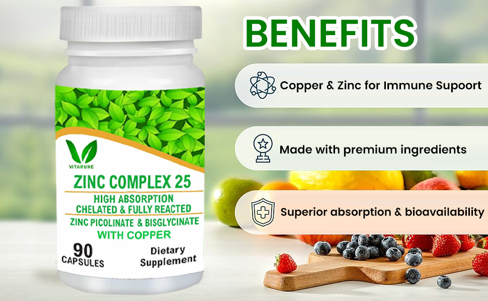 VITARUHE® Chelated Zinc Picolinate & Bisglycinate Complex with Copper, Zinc for Immune, Skin and Cellular Health, High Absorption, Non-GMO, 90 Capsules