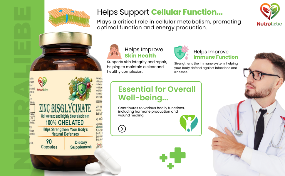 Zinc Bisglycinate – High Absorption Zinc for Immune Support, Skin Health, and Cellular Function – 90 Capsules