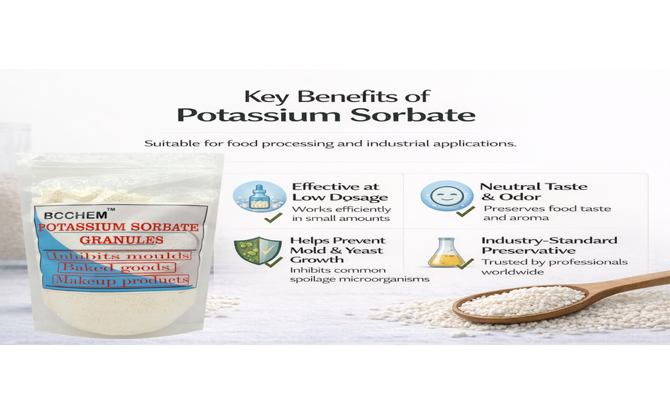 BCCHEM Potassium sorbate granular-1 kg,preservative, baking essential| For baked goods,bevrages,batter's(1 KG)