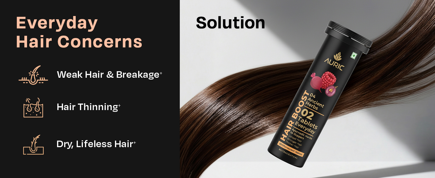 Auric Hair Boost Effervescent Tablets 20 Count | Ayurvedic Formula for Hair Fall Control | Biotin, Zinc, Beetroot & Grapeseed Extracts & Herbal Extracts | Hair Growth & Strength Support