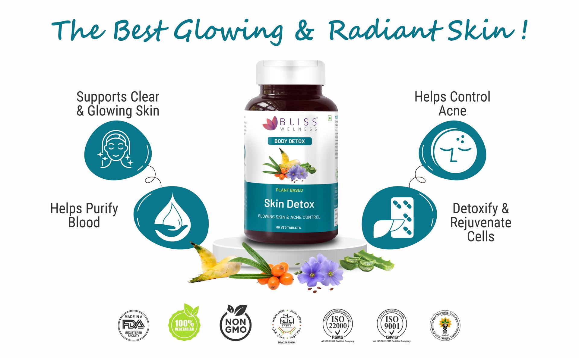 Bliss Welness Skin Detox | Blood Purification & Radiant Glow | Enriched with Sea Buckthorn, Evening Primrose, Aloe Vera, Omega 3, Curcumin, Neem & More | Fights Acne & Removes Toxins - 60 Veg Tablets.