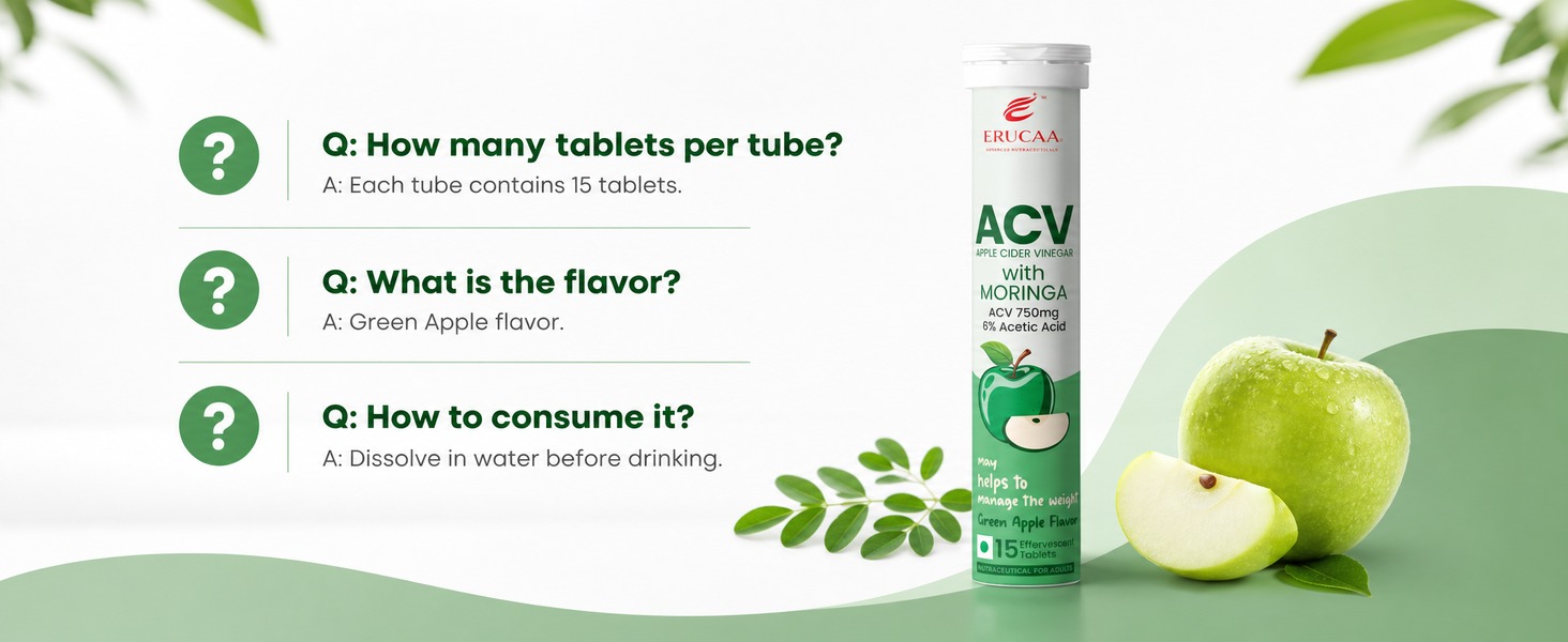 ACV Moringa | Control Cravings I Apple Cider Vinegar, Cinnamon, Guggul I No Maltodextrin & No Added Sugar I 15 Effervescent Tablets - Green Apple,