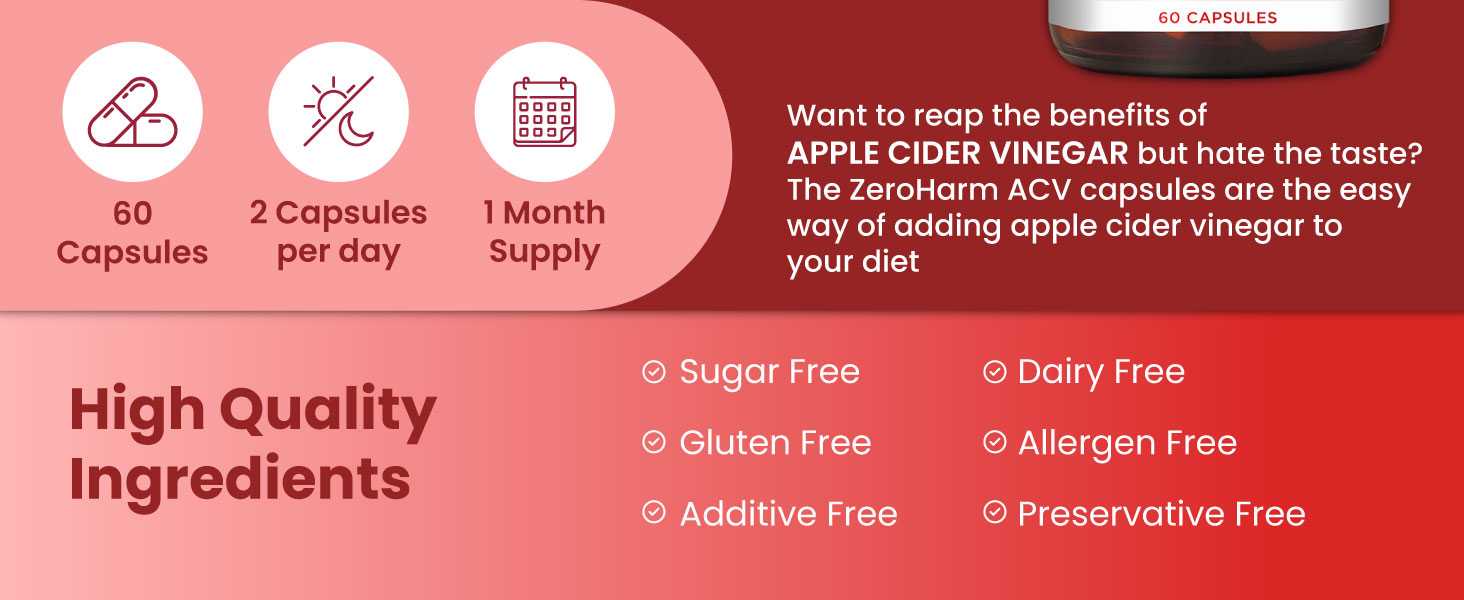 ZEROHARM Nano Apple Cider Vinegar (ACV) 500mg with 20% Acetic Acid | Supports Metabolism, Cravings & Appetite Control | Aids Gut Health, Digestion & Weight Management | Men & Women | 60 Capsules