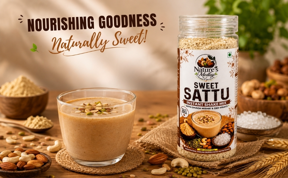 Nature's Medley Sweet Sattu Instant Shake Mix, with Dhaga Mishri and Dry Fruits, Rich in Omega, 125g