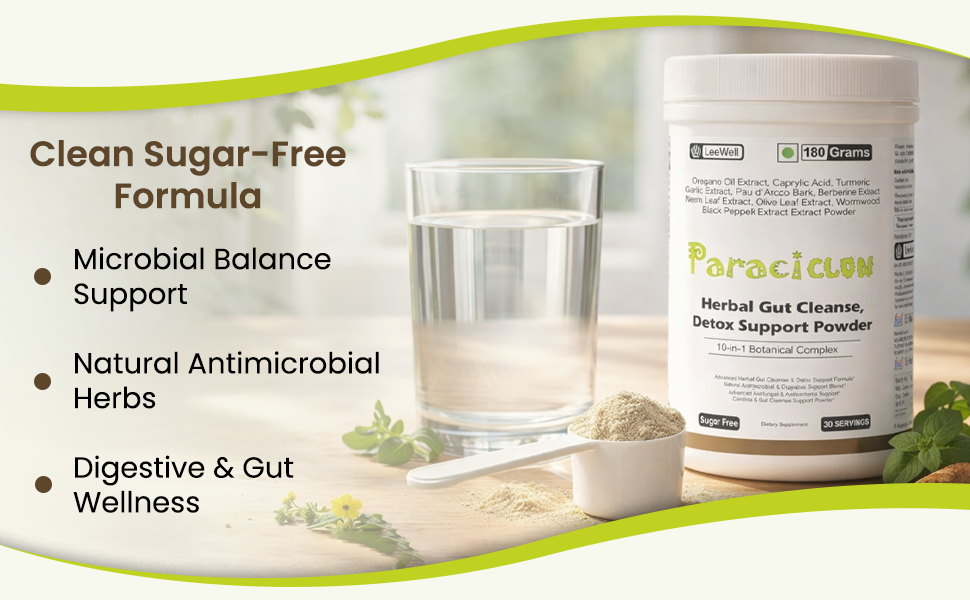 Paraciclon by Leewell Herbal Gut Cleanse Detox Support Powder | Stomach, Colon Cleanser | Oregano Oil, Caprylic Acid, Garlic Extract, Pau d'Arco, Berberine, Neem, Olive Leaf, Wormwood Extract -180g powder