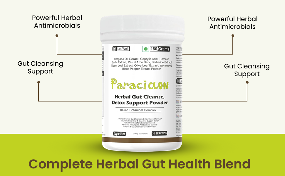 Paraciclon by Leewell Herbal Gut Cleanse Detox Support Powder | Stomach, Colon Cleanser | Oregano Oil, Caprylic Acid, Garlic Extract, Pau d'Arco, Berberine, Neem, Olive Leaf, Wormwood Extract -180g powder
