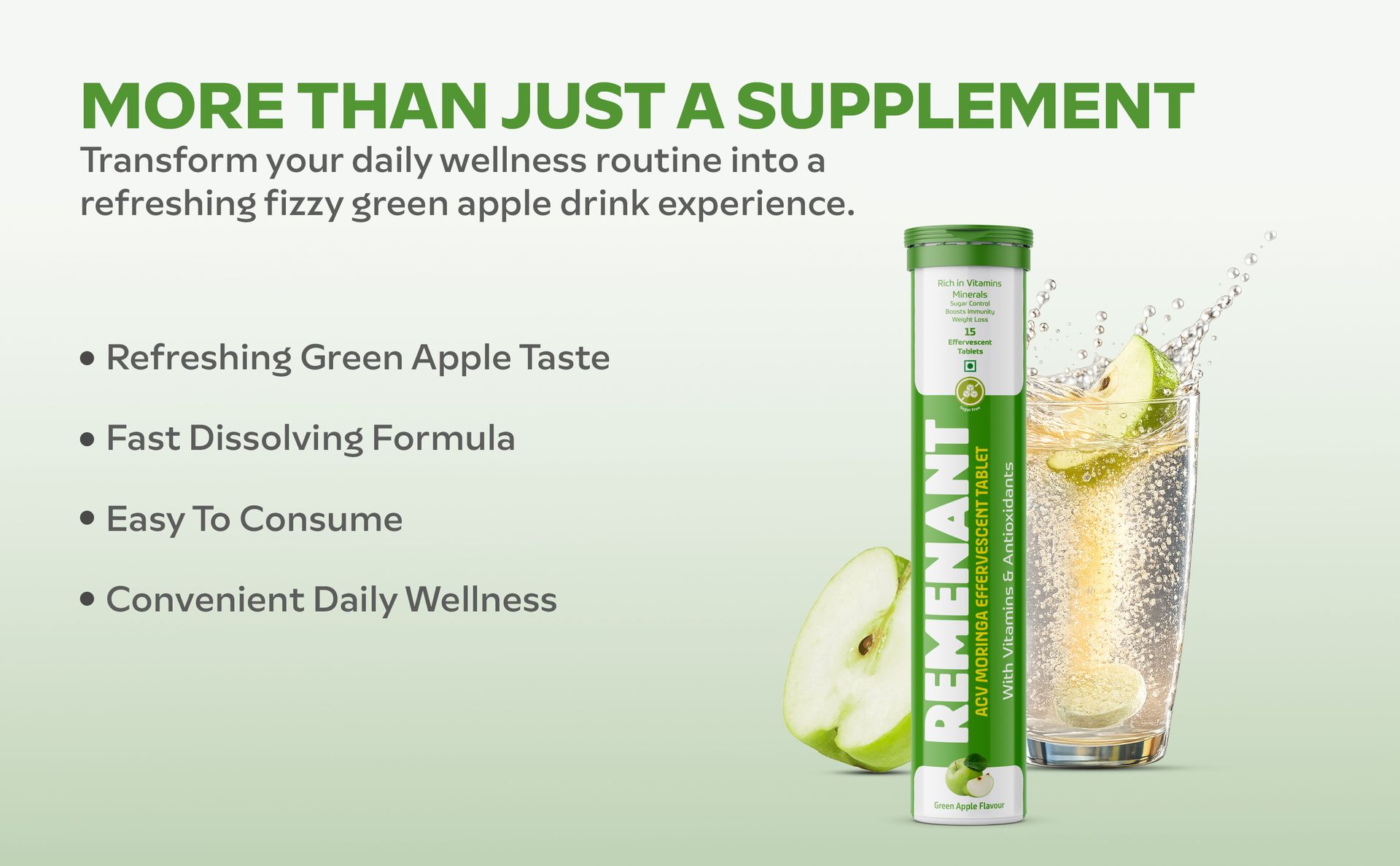 REMENANT ACV Moringa Effervescent Tablets Green Apple Flavour | Apple Cider Vinegar, Moringa, Cinnamon Bark, L-Carnitine & Vitamins | Sugar Free Fizzy Drink Tablets | 15 Effervescent Tablets