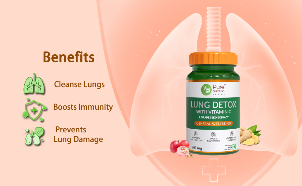 Pure Nutrition Lung Detox Supplement - 120 Veg Capsules (60x2) | Quercetin, Vitamin C, Nettle, Vasaka Leaf, Lotus, Licorice & Ginger | Supports Lung Cleansing, Respiratory Health & Immune Defense | 100% Herbal Formula