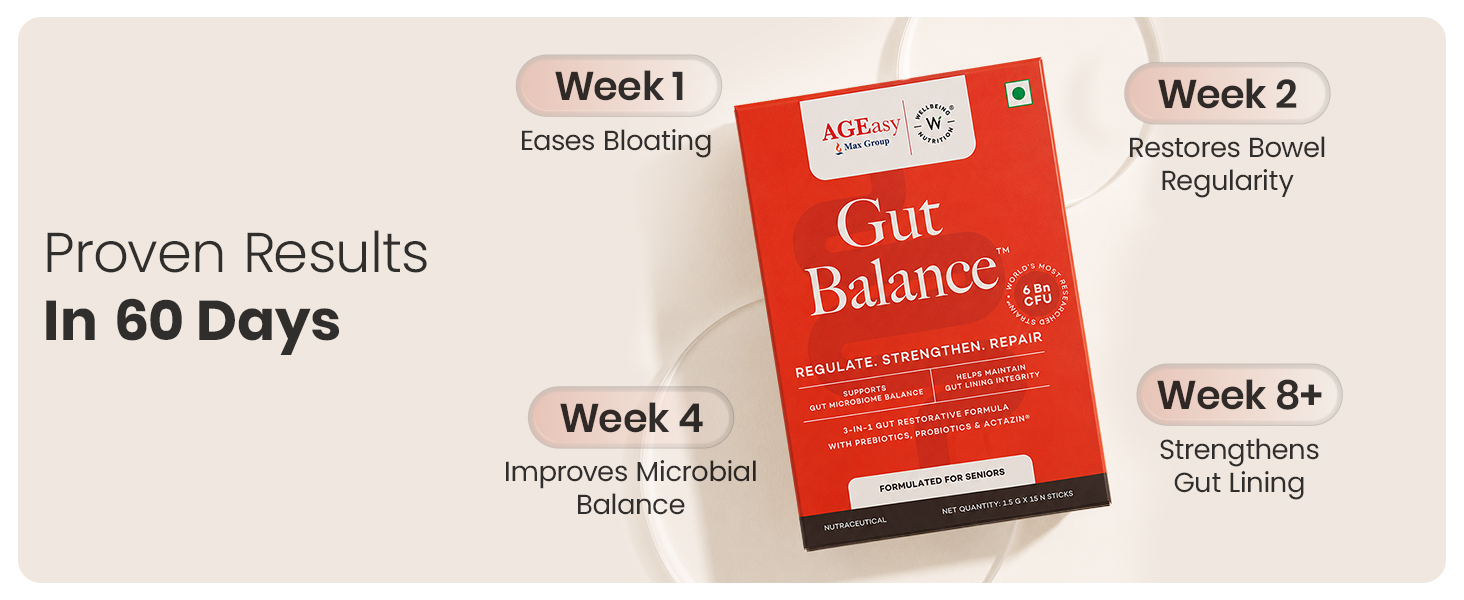 AGEasy x Wellbeing Nutrition Gut Balance for Seniors | Manages Leaky Gut & Microbial Balance | 5X More Probiotic Activity with 6 Billion CFU & Microbac | Fennel Mint Flavour, 15 Sachets (Powder Form)