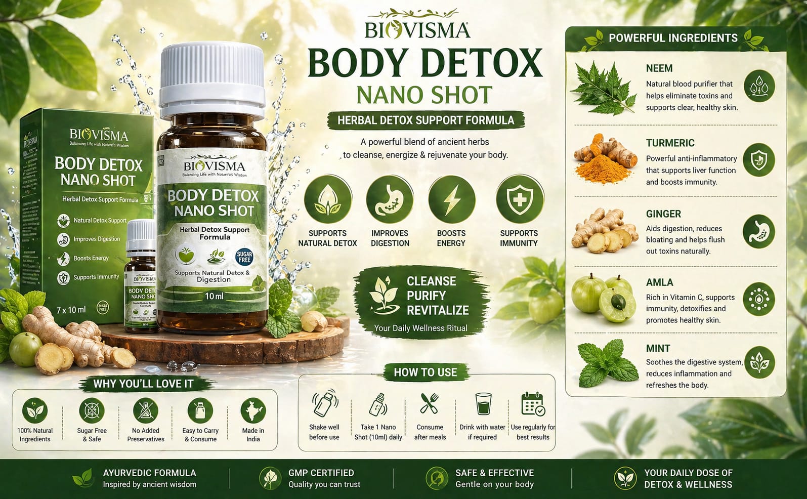 Body Detox Nano Shot | Ayurvedic Daily Cleanse Drink | Natural Body Detox, Digestion Support, Clear Skin & Immunity | 7×10ml Herbal Nano Shots | For Men & Women