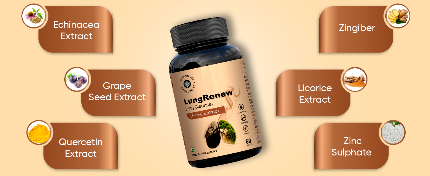 CUREFOREVER Lung Renew Lungs Detox Tablets | Natural Cleanse for Pollution, Smoking & Respiratory Health with Echinacea, Ginger, Zinc, Herbal Cleanse Blend, Antioxidant Support for Men & Women – 60 Tablets