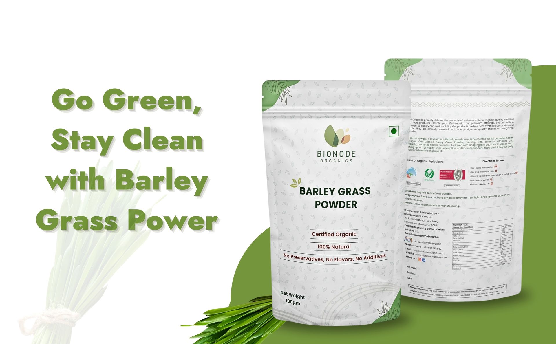 Certified Organic Barley Grass Powder, 200gm | Energy Boost | Skin Health | Weight Management | Barley Grass Green Juice Powder | Super Green Powder(100gm,each pack of 2)