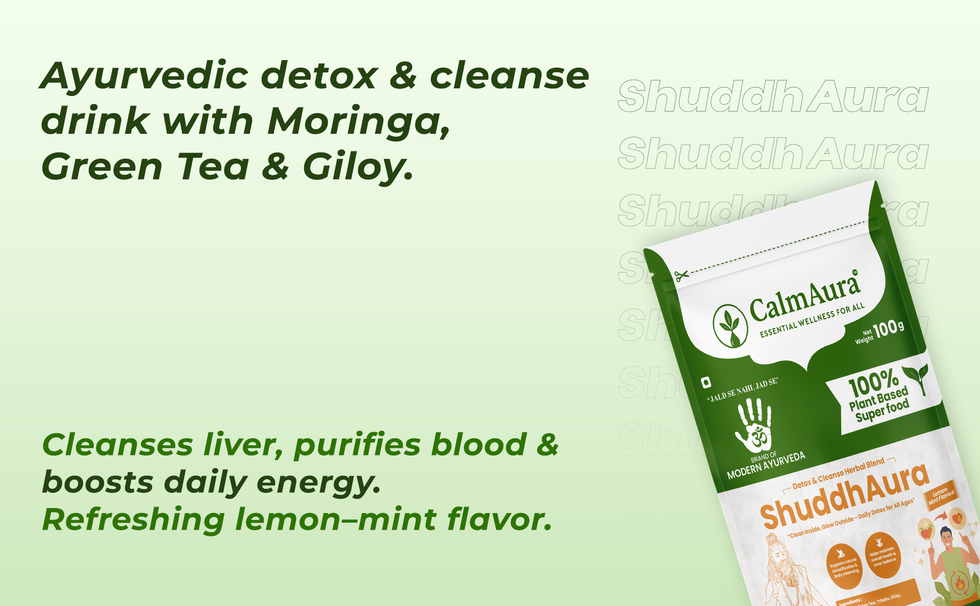 CalmAura ShuddhAura Ayurvedic Detox Wellness Powder 100g | Lemon Mint Flavor | Liver Support, Immunity & Energy Drink with Moringa Green Tea Giloy | Vegan