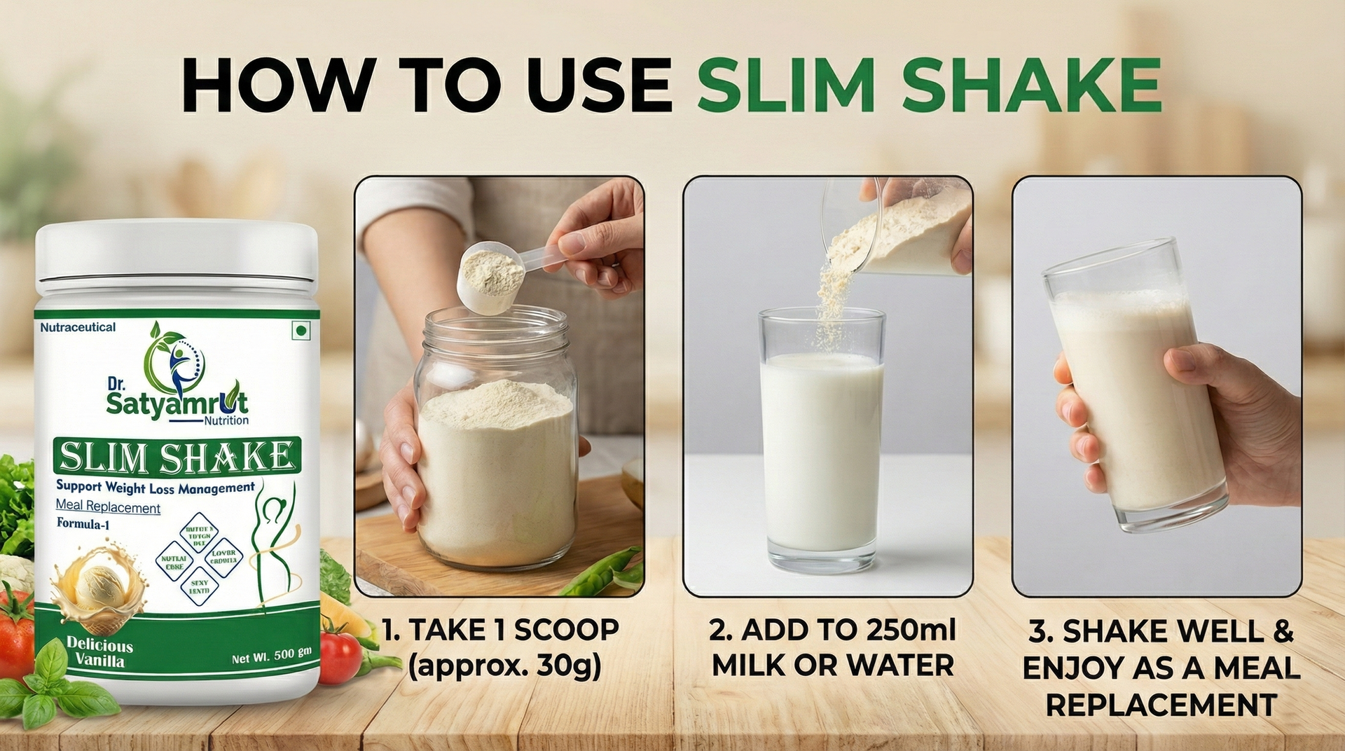 DR SATYAMRUT NUTRITION Slim Shake Formula-1 With Weight Loss & Fitness Support For Meal Replacement | Low Calorie | | No Added Sugar | High Protein | Body Detoxify - Delicious – (500gm) (VANILLA)