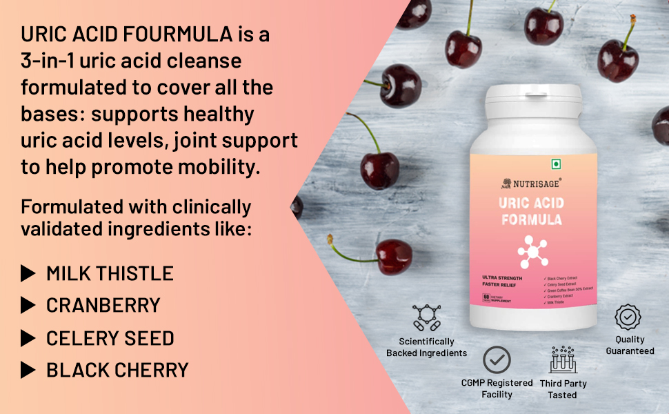 Uric Acid Formula for Men and Women [13 Potent Herbs] All Natural Uric Acid Cleanser, Kidney & Joint Support with Cherry, Milk Thistle, Celery 60 Veg Tab Pack of 1