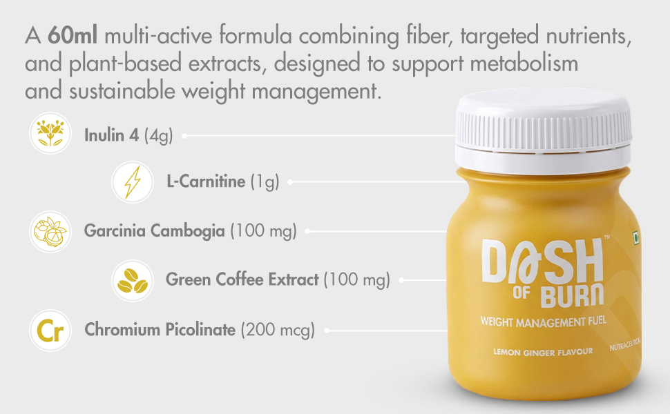 DASH OF BURN Metabolism Support Shots | Supports Fat Burning, Craving Control & Weight Management | L-Carnitine, Green Coffee, Inulin | Pack Of 6 (6x60 ML) Wellness Shots