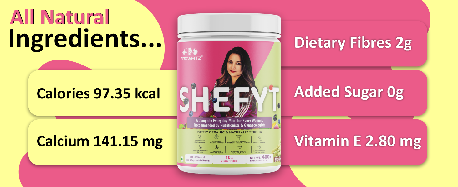 Growfitz Shefyt 100% Natural Plant Protein Rich 400g | 12g Protein | Meal Replacement Shake For Weight Control & Management | 50+ Powerful Herbs | Energy, Wellness, Immunity, Law Fat (Cardamom)