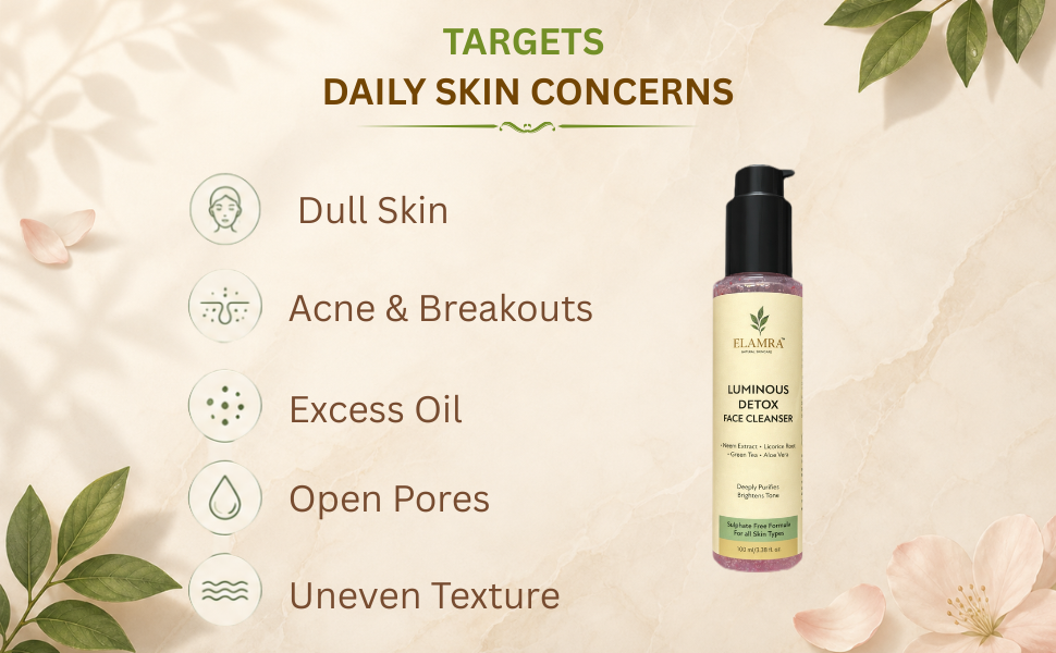 ELAMRA Luminous Detox Face Cleanser | Face Wash for Acne, Oil Control & Glowing Skin | 2% Neem + 1.5% Licorice Root + Green Tea | Sulphate-Free, pH-Balanced | For Oily & Acne-Prone Skin | 100ml