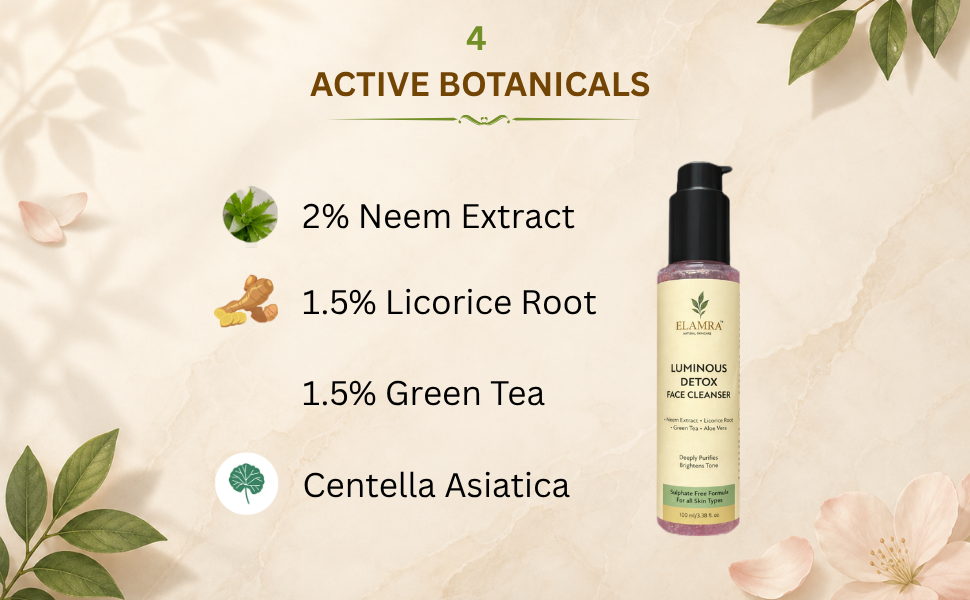 ELAMRA Luminous Detox Face Cleanser | Face Wash for Acne, Oil Control & Glowing Skin | 2% Neem + 1.5% Licorice Root + Green Tea | Sulphate-Free, pH-Balanced | For Oily & Acne-Prone Skin | 100ml