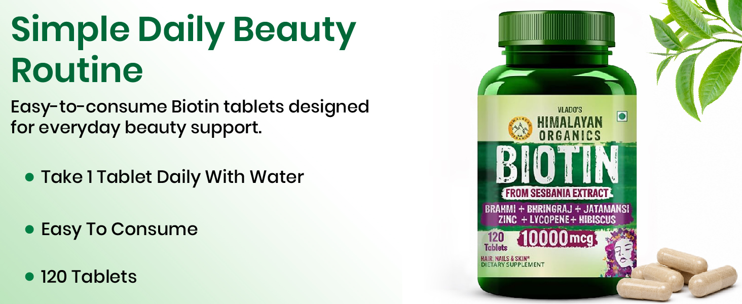 Vlado's Himalayan Organics Biotin Tablets for Hair Growth -10000mcg Biotin Supplement - With Brahmi, Jatamansi, Bhringraj, Hibiscus, Lycopene, Bamoo Extract & Vitamin C with Zinc I Hair Supplements for Women & Men - 120 Tablets