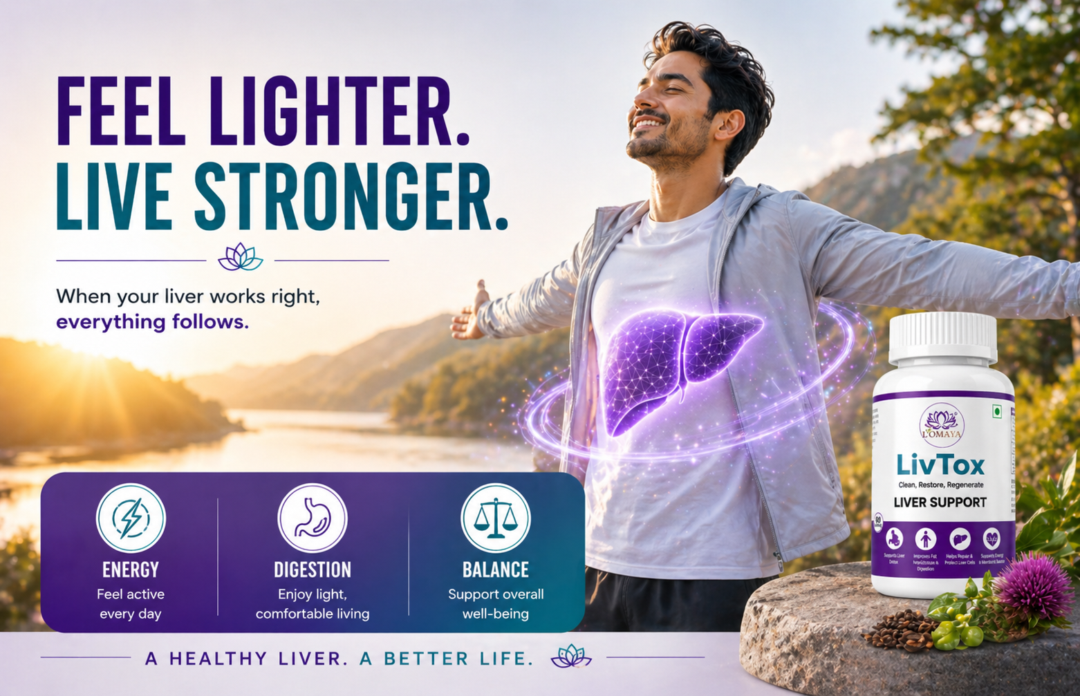 L'Omaya LivTox | Liver Detox Supplement with Milk Thistle, NAC & Kutki | Bhumi Amla, Kalmegh, Patented CurcuBoost® & PiperBoost® | Liver Cleanse, Bile Flow & Fatty Liver Support | 60 Veg Capsules
