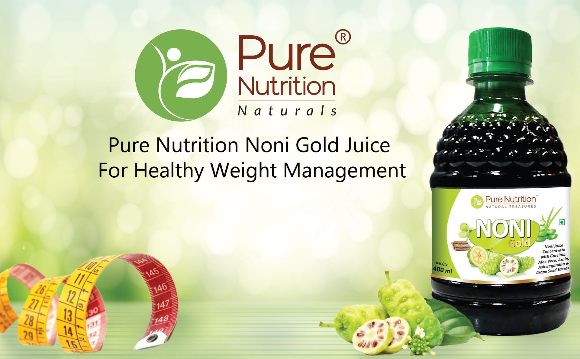 Pure Nutrition Noni Gold Detox Juice | Body Detox Drinks for Cleansing Body With Garcinia, Aloe Vera, Amla, Ashwagandha & Grape Seed Extract | Supports Diabetes Care, Digestion, Immunity & Skin Health - 400ml (Pack of 3)
