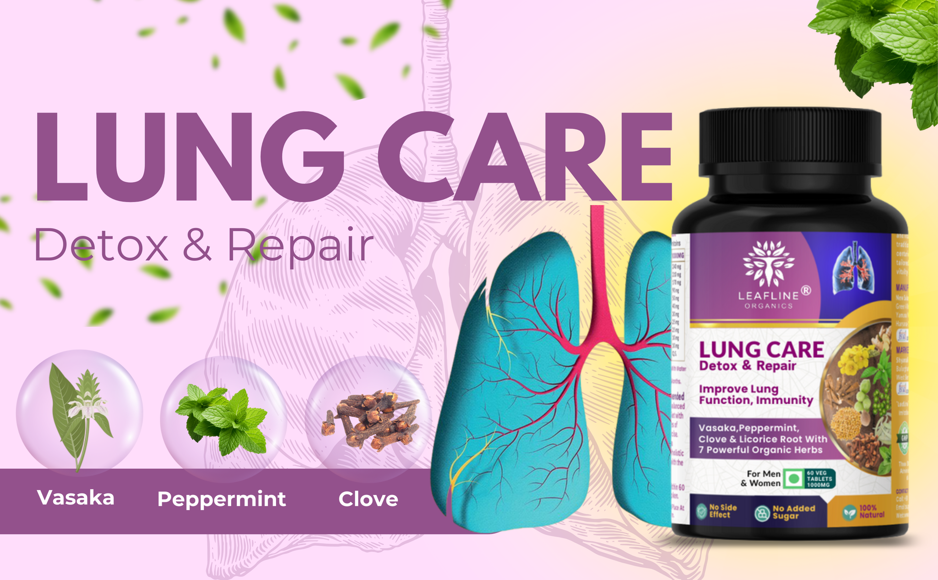 Leafline Lung Detox & Repair With Vitamin-C, Vasaka, Mullein, Tulsi | Improves lung Function, Reduce Cough | Clears Mucus, Pollution, Smoke Tar | 1000Mg 60 Veg Tablet | Advance Lung Health Supplements For Men & Women