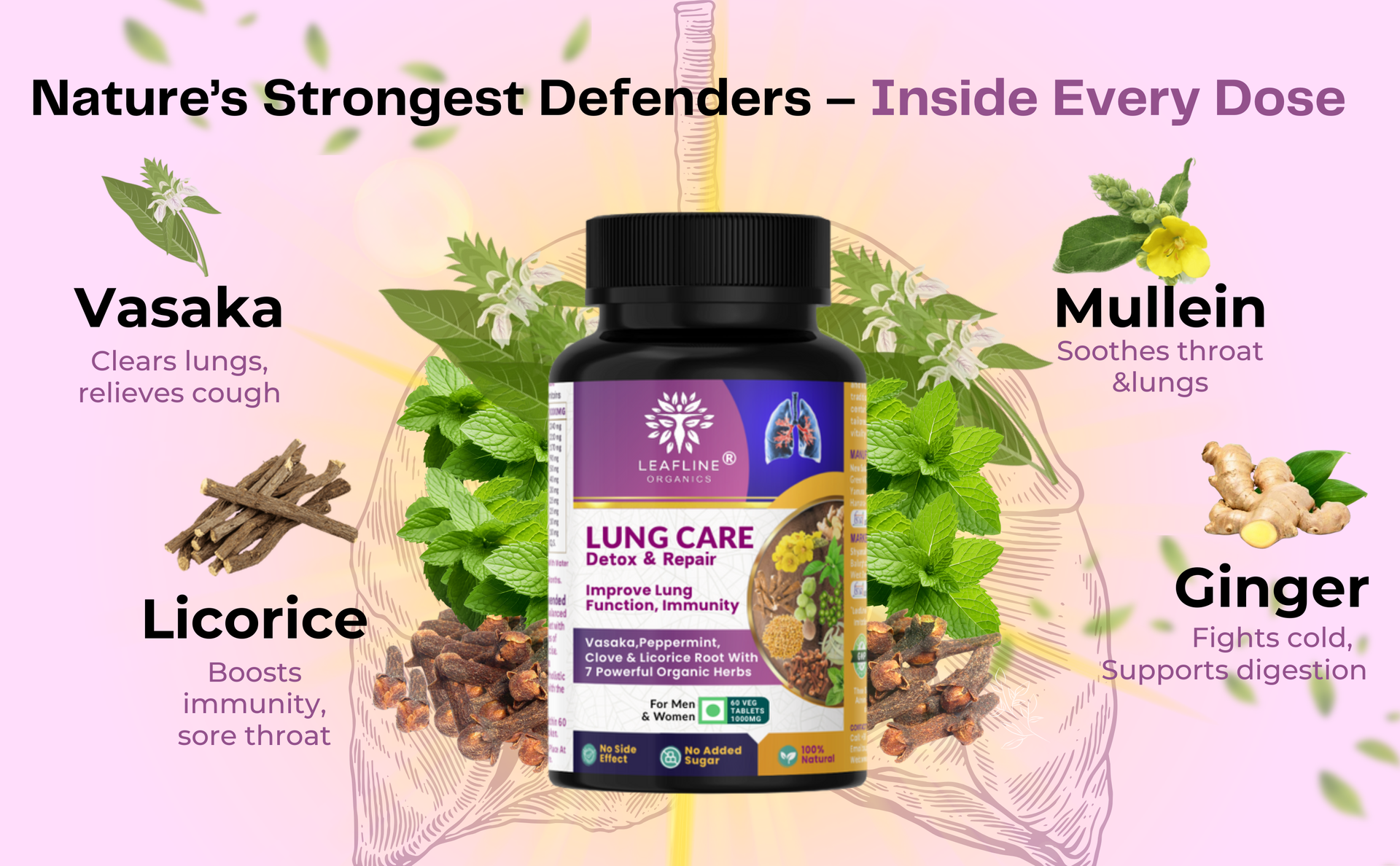 Leafline Lung Detox & Repair With Vitamin-C, Vasaka, Mullein, Tulsi | Improves lung Function, Reduce Cough | Clears Mucus, Pollution, Smoke Tar | 1000Mg 60 Veg Tablet | Advance Lung Health Supplements For Men & Women