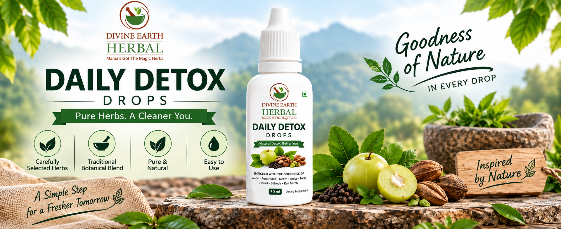 Divine Earth Daily Detox Herbal Drops 30ml | Giloy, Neem, Amla, Tulsi & Punarnava | Herbal Blend for Daily Wellness