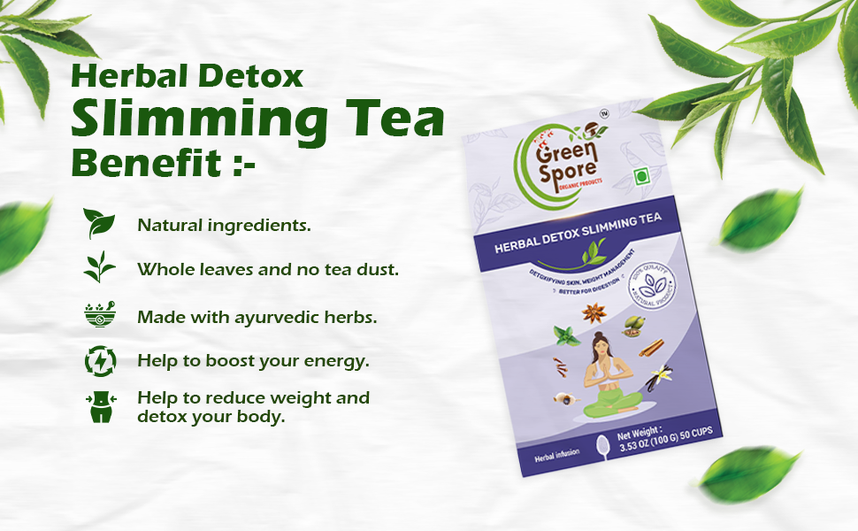 Green Spore Herbal Detox Slimming Tea – 100g (50 Cups) – Natural Weight Management & Metabolism Booster – Detoxifying Skin & Digestion Support – Infused with Garcinia Cambogia, Lemongrass & Ginger