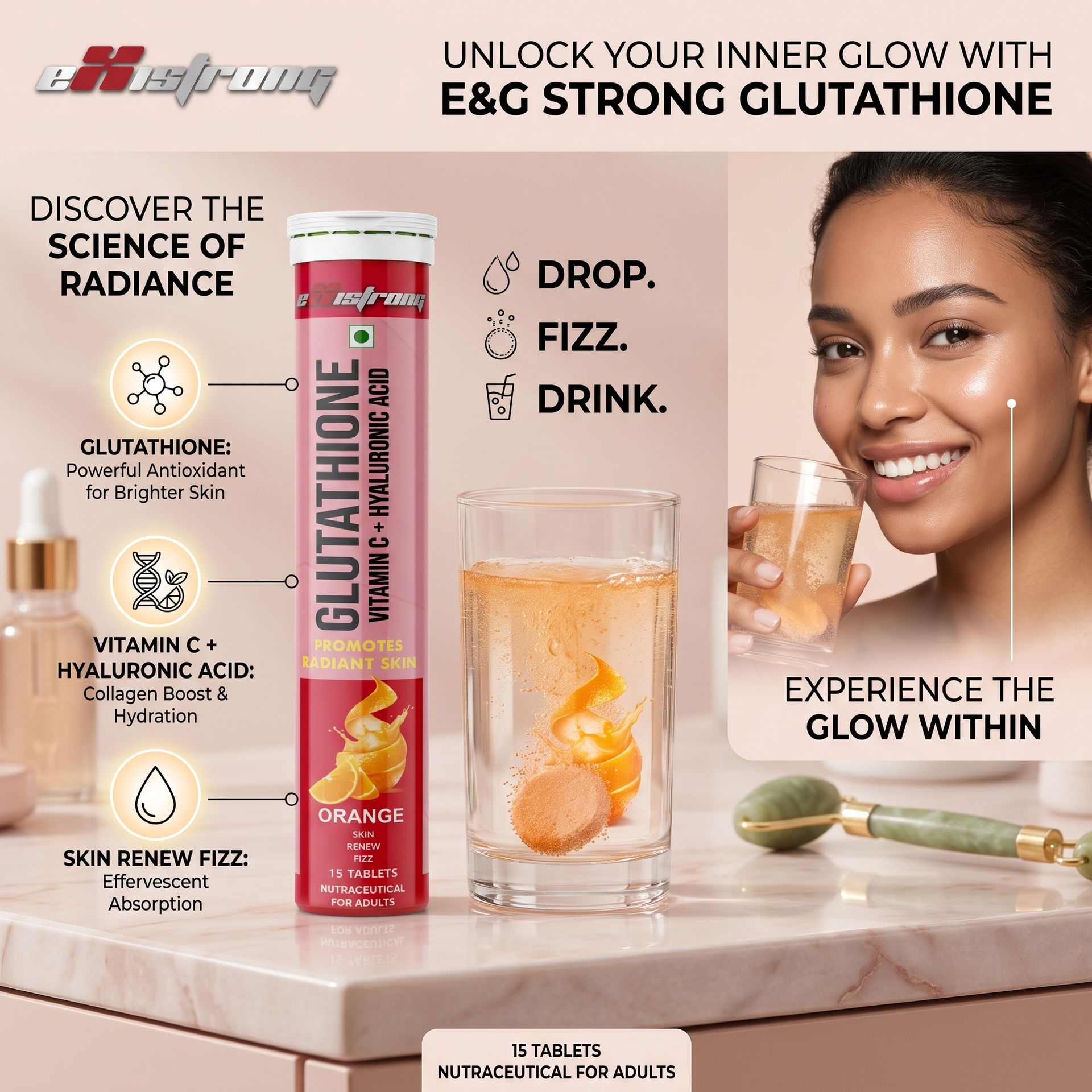 GloW Combo Glutathione 60 Effervescent Tablet (Orange) For Youthful Clear And Bright Skin, Pack Of 4 (60 Tablets) With Vitamin C And Hyaluronic Acid