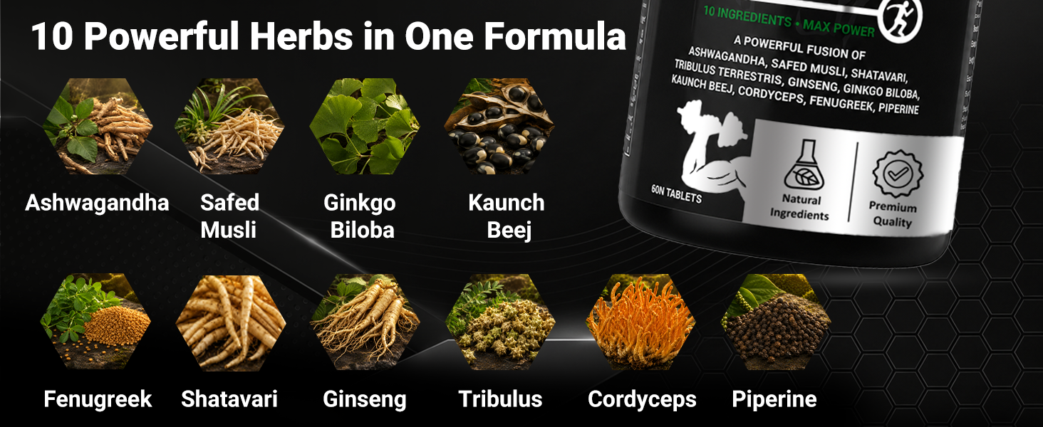 Testosterone Supplement for Men | Blend of 10 Powerful Herbs Including Ashwagandha, Safed Musli, Ginseng, Tribulus & Cordyceps | Energy Booster & Stamina Booster for Men | Daily Health Supplement (60 Tablets)