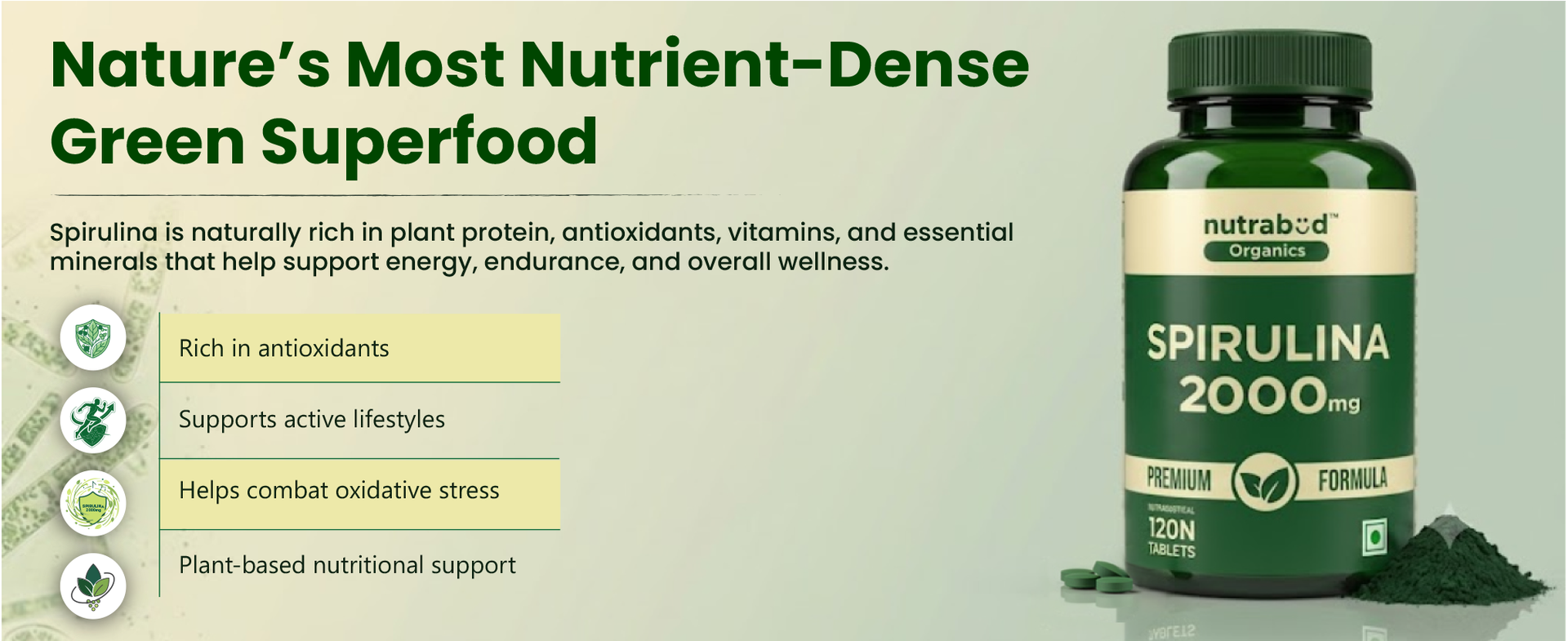 Nutrabud Spirulina Tablets 2000mg per Serving - 120 Veg Tablets - For Women, Men - Preservative & Additive Free (120 Count (Pack of 1))