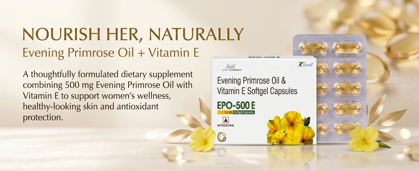 Knoll Healthcare EPO-500E Evening Primrose Oil 500 mg with Vitamin E Softgel Capsules | Supports Women’s Wellness, Skin Health & Antioxidant Support | Dietary Supplement (3x10 Capsules)