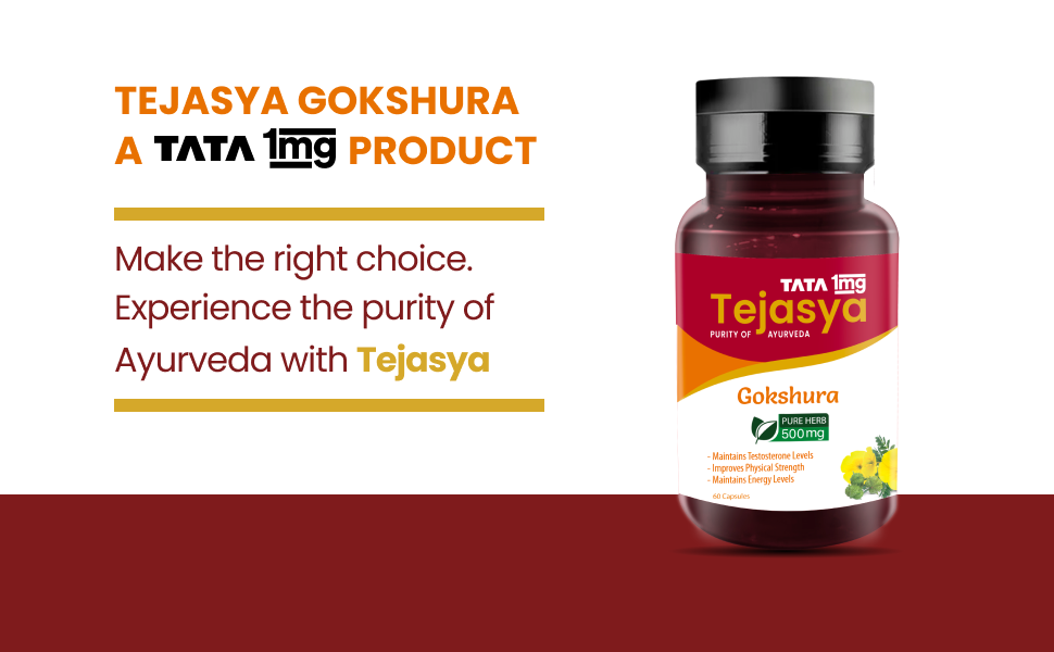 Tata 1mg Tejasya Gokshura Capsule Helps In Maintain Energy, Strength, Reduce fatigue (Pack of 1, 500mg)