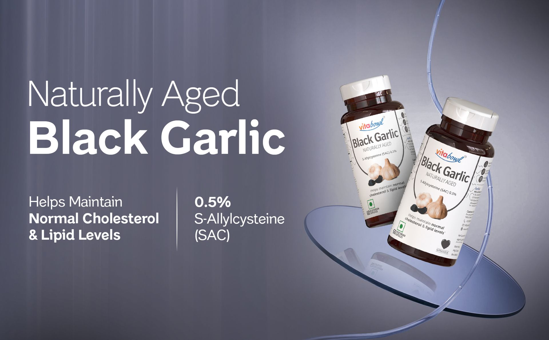 Vitabowl's 100% Natural & Organic Black Garlic Capsules | Made with 100% Cloves | 120 Days Naturally Aged & Fermented | Manages Cholesterol Levels & Lipid Profiles (60 Count (Pack of 1))