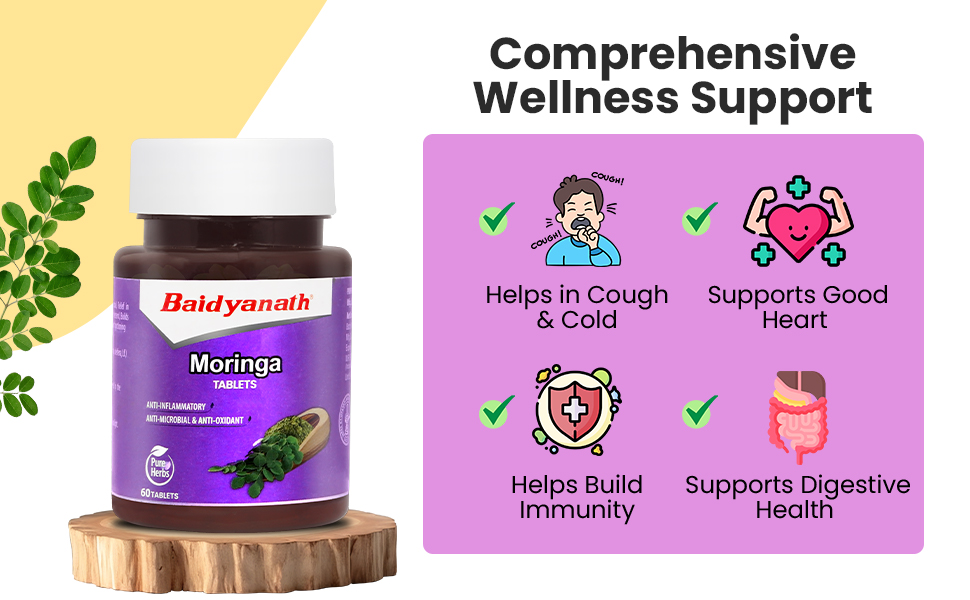 Baidyanath Ayurved Moringa Tablets 60 Tabs | Drumstick Leaf Tablets| Helpful in Overall Health and Wellness and Gut Balance