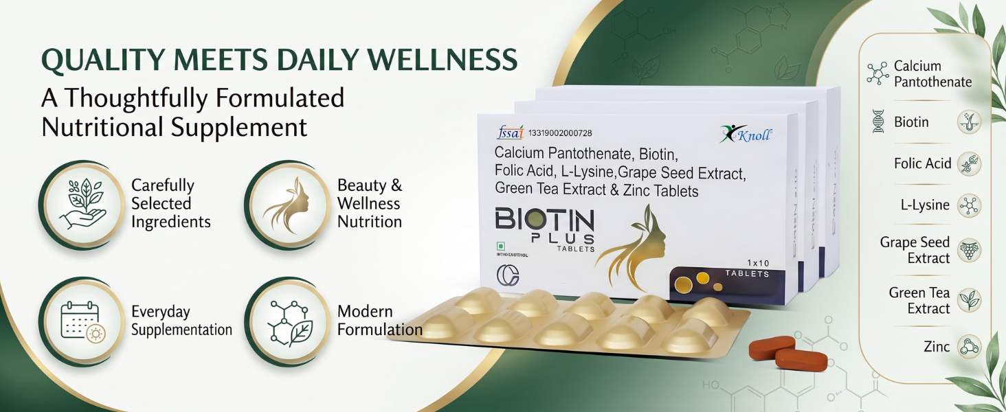 Knoll Healthcare Biotin Plus Tablets with Grape Seed Extract, Green Tea Extract, Zinc & L-Lysine | Supports Hair, Skin & Nail Health | Antioxidant & Nutritional Supplement (3x10 Capsules)