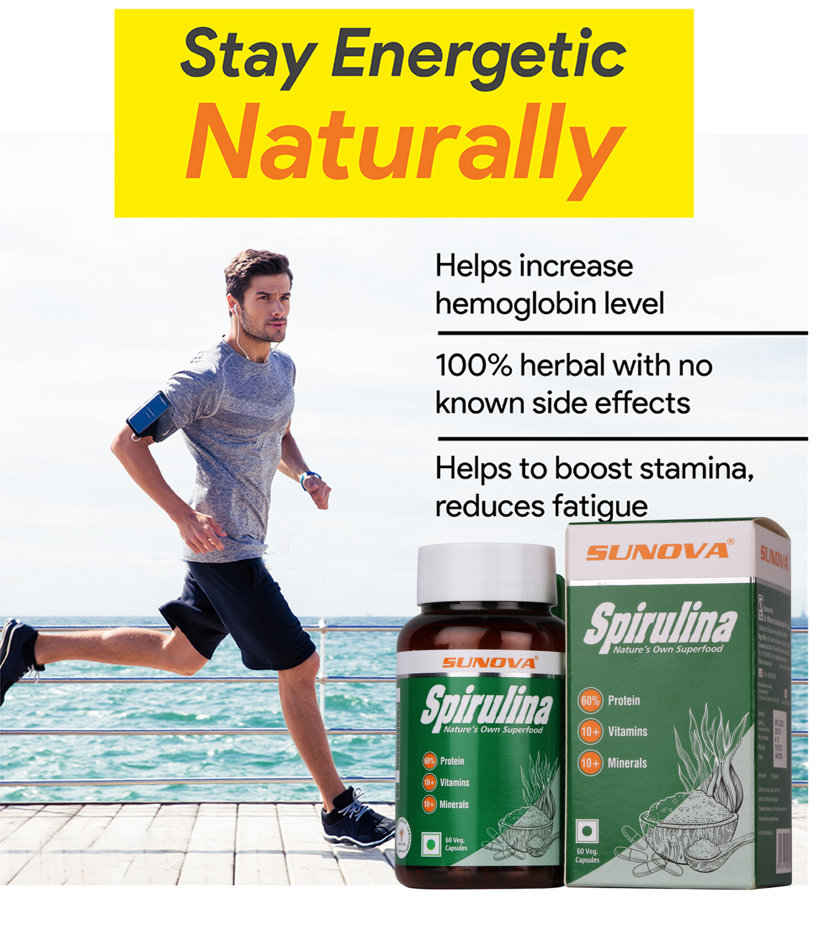 SUNOVA Organic Spirulina Capsules – Nature’s Own Superfood and Nutritional Supplement ,Spirulina for Full Body Support – 60 Capsules