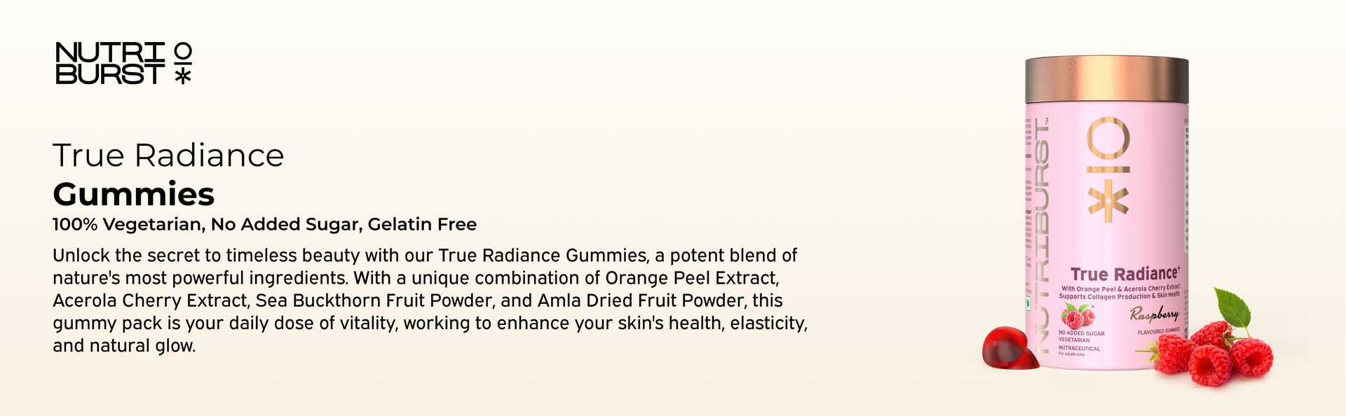 Nutriburst True Radiance Collagen Gummies | Raspberry Flavour with Orange Peel & Acerola Cherry Extract | Supports Collagen Production and Skin Health | No Added Sugar | Enhances Skin Elasticity and Glow | For Men and Women | 60 Gummies