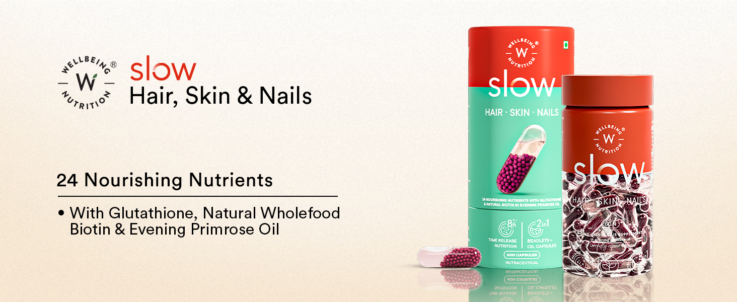 WELLBEING NUTRITION Slow Skin Hair & Nails Supplement For Men & Women|Skin Hair Nails Vitamin| Glutathione,Hyaluronic Acid,Biotin| Glowing Skin,Hair Growth & Strong Nails (60 Capsules),2 Count