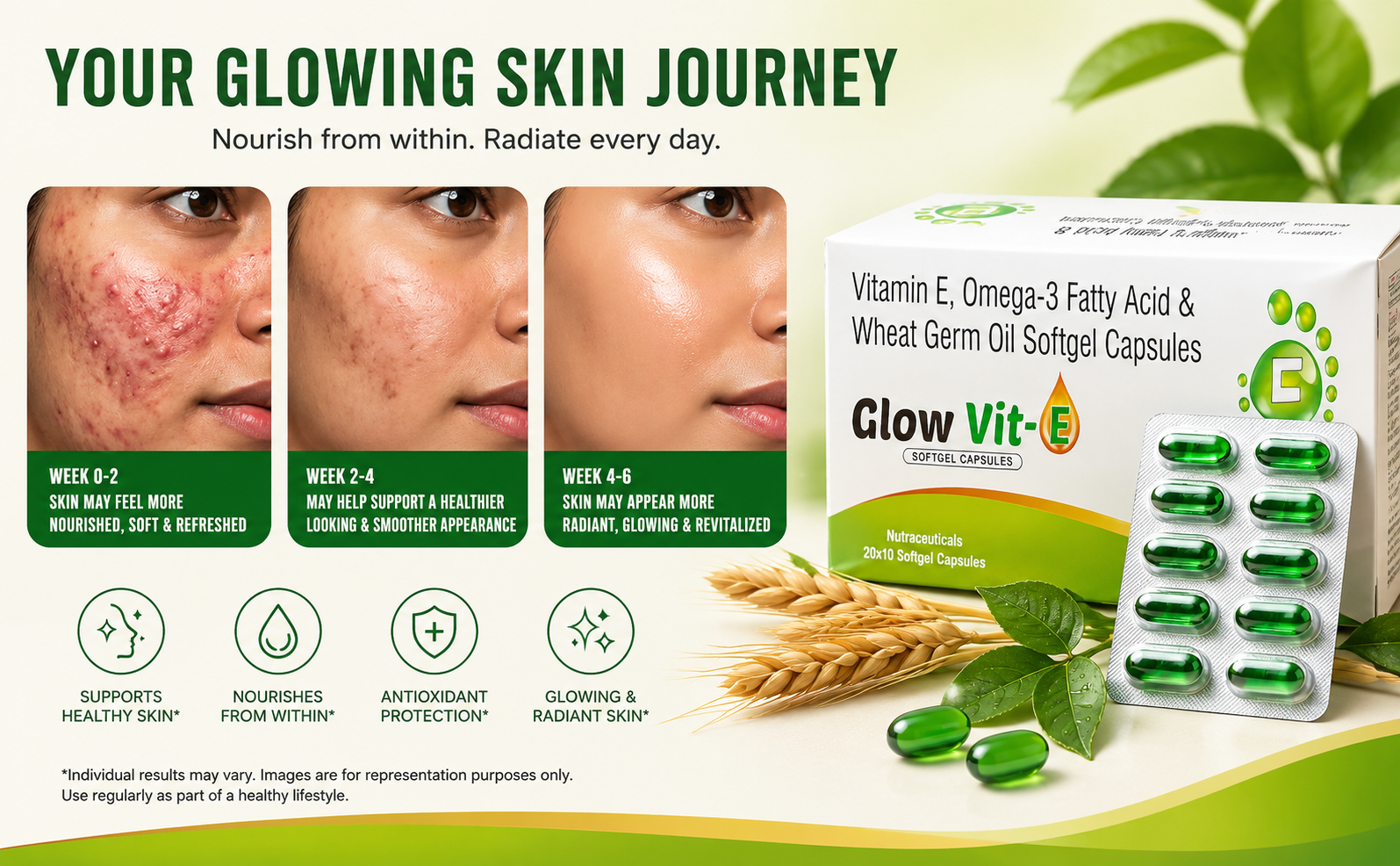 Glow Vit-E Softgel Capsules | Vitamin E, Omega-3 Fatty Acids & Wheat Germ Oil Supplement for Glowing Skin, Strong Hair & Heart Health | Antioxidant Support for Men & Women | 30 Softgels (Pack of 3)